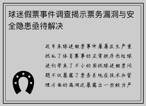 球迷假票事件调查揭示票务漏洞与安全隐患亟待解决