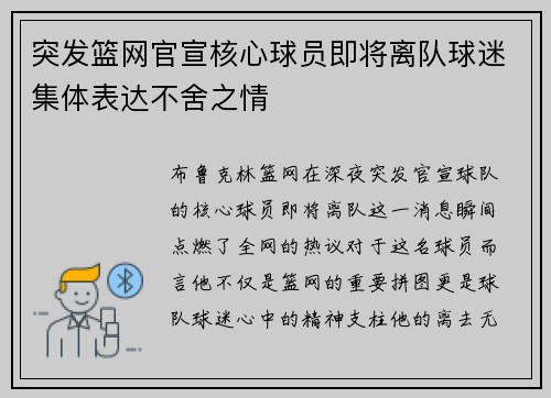 突发篮网官宣核心球员即将离队球迷集体表达不舍之情 突发篮网官宣核心球员即将离队球迷集体表达不舍之情